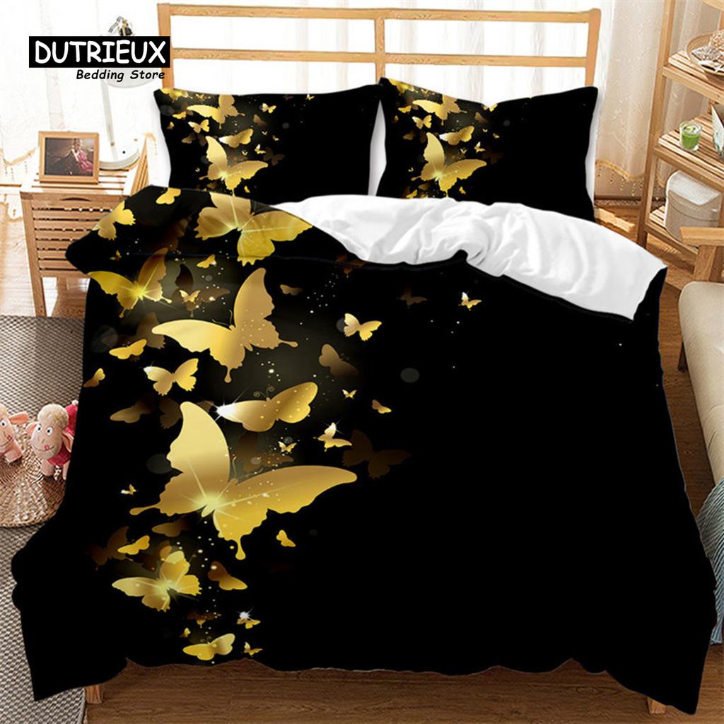 Comforter Golden Butterfly And Floral Bedding Set Queen Print Black For Kids Girls Boys Adults Bedroom Decor