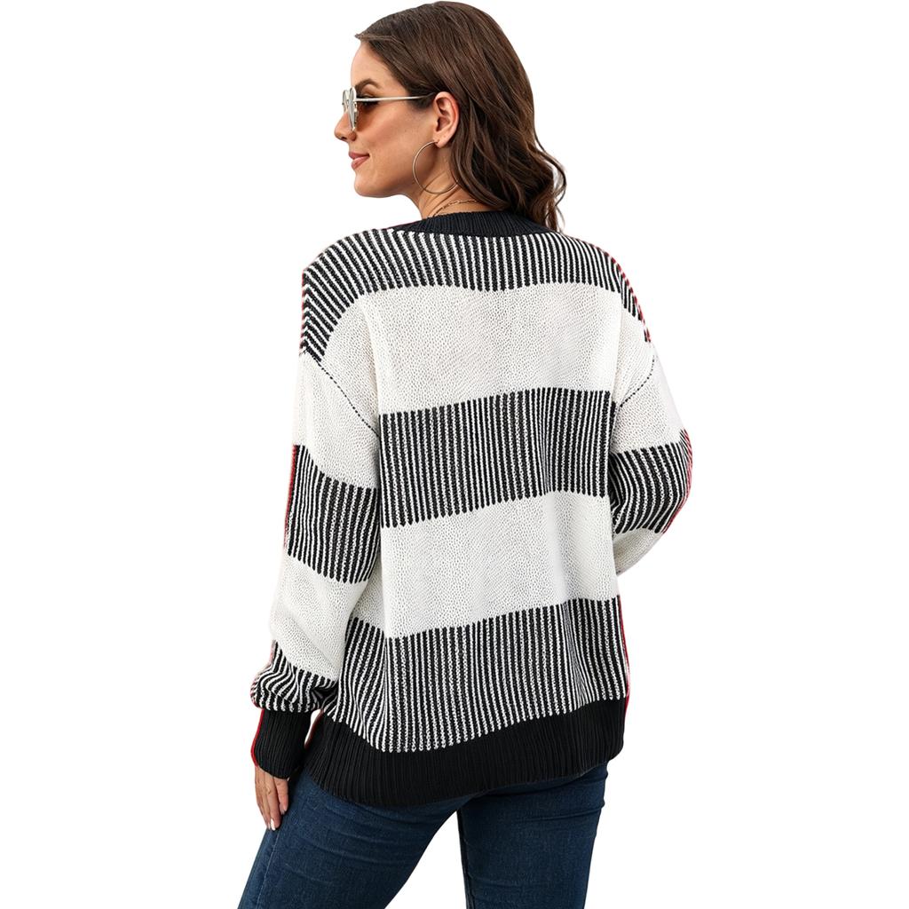 Women's Loose Fit Woven Sweater with Color Block Stripes - Casual Long Sleeve Pullover for Fall Winter