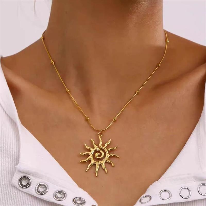 

Fashion Vintage Chic Sun Pendant Necklace for Women Stainless Steel Earrings Statement Golden Fashion Jewlery Accessories Gifts