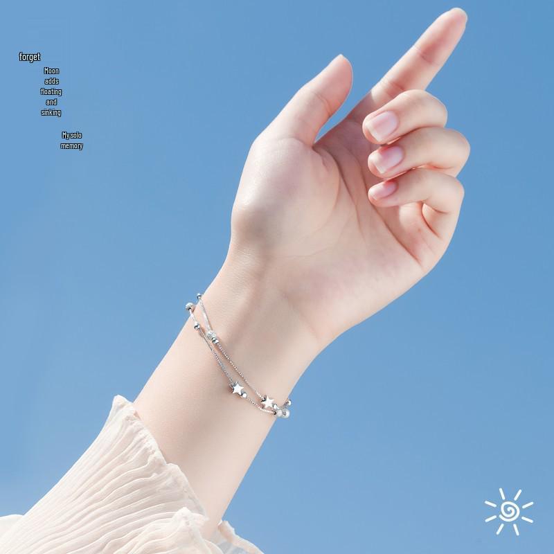 S925 Silver Double-Layer Star Frosted Bead Bracelet for Women - Simple Jewelry Gift for Christmas or Valentine's Day
