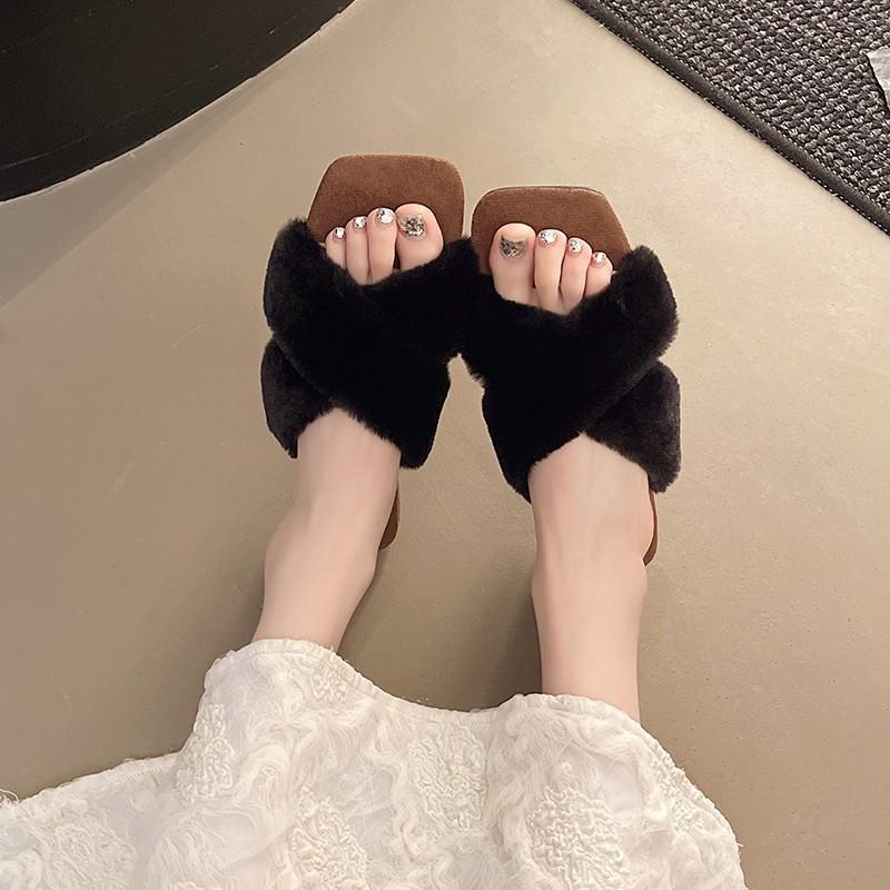 New Retro Cross-haired Outer Slippers Spring and Autumn Casual Versatile Gentle Leopard Print Flat-bottomed Hairy Slippers
