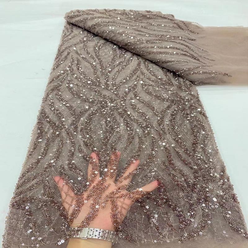 

Luxury African Beaded with Sequins Lace Fabric High Quality Groom Nigerian Wedding Dress Bridal Embroidery French Tulle Sewing 1Yard