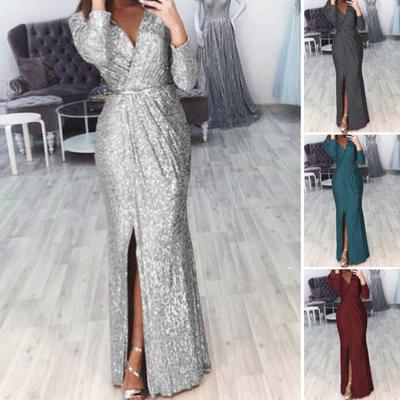 Women Evening Dress Deep V Neck Sequin Decor Long Sleeves Elastic Waist Pleated Split Hem Solid Color Formal Occasions Wedding Party Prom Maxi Dress