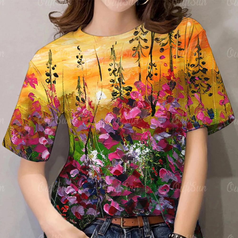 Harajuku style summer oil painting printed women s T-shirt 2XS