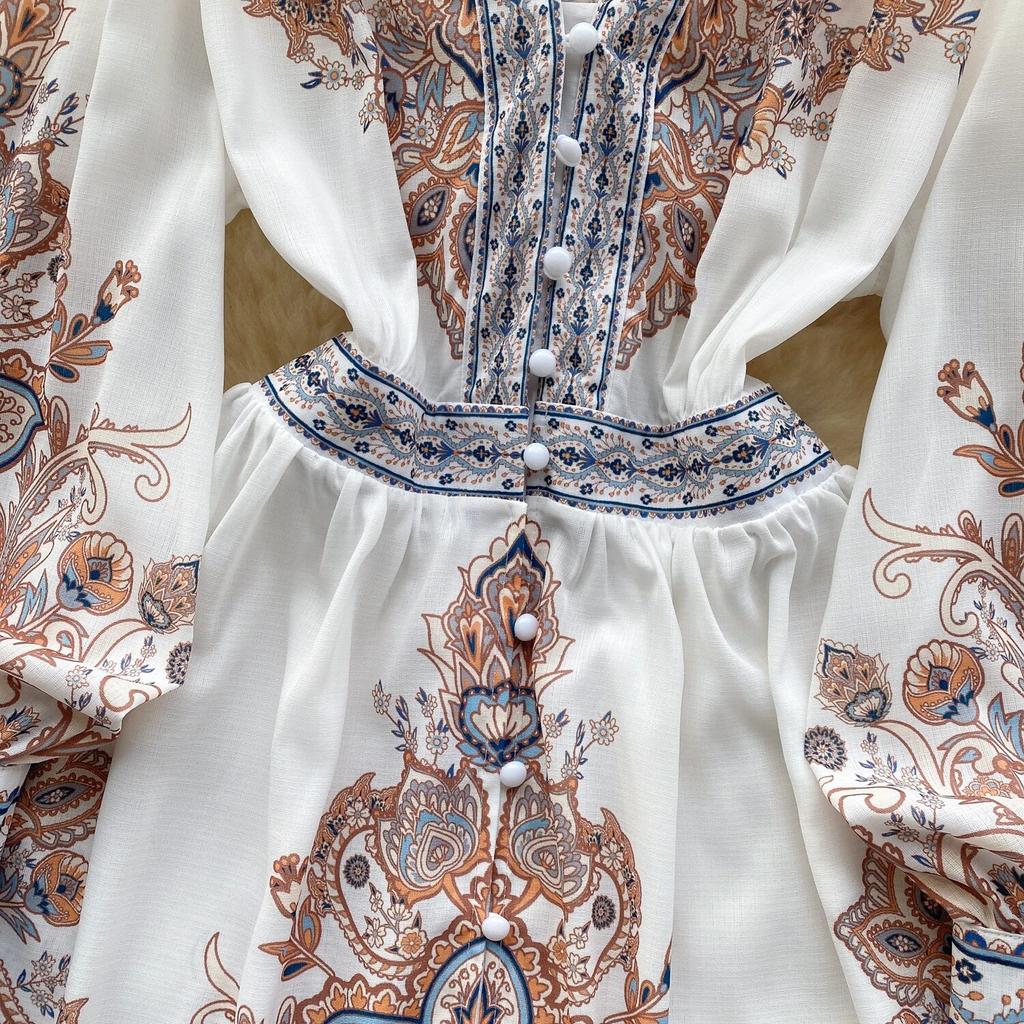 Spring Autumn Dresses Women V-neck Lantern Long Sleeves Floral Single Breasted High Waist Vintage Gorgeous Party Mini Dress Robe