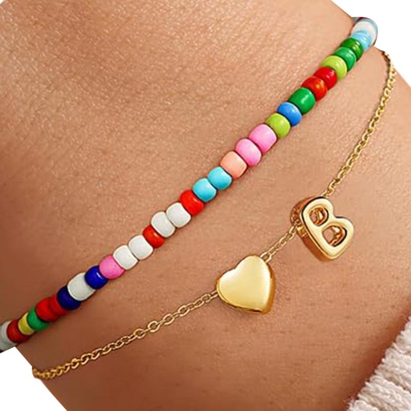 Double Layer Heart Beaded Bracelet Feature Initial Charm Letter Fashion Copper Jewelry Gift For Teen Girls Women