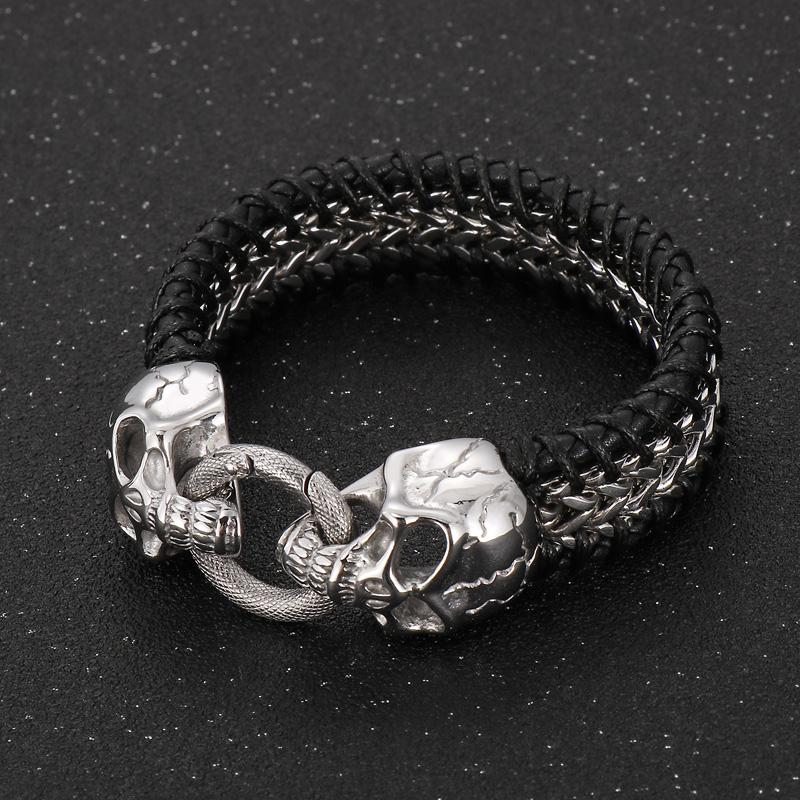 KALEN Punk Skull Fashion Jewelry Bracelets Stainless Steel Cowhide Leather Bracelet Bangle 23cm&Punk