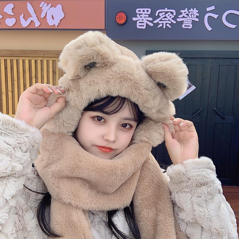 Bear hat cute female versatile autumn and winter scarf integrated warm gloves scarf three-piece trendy