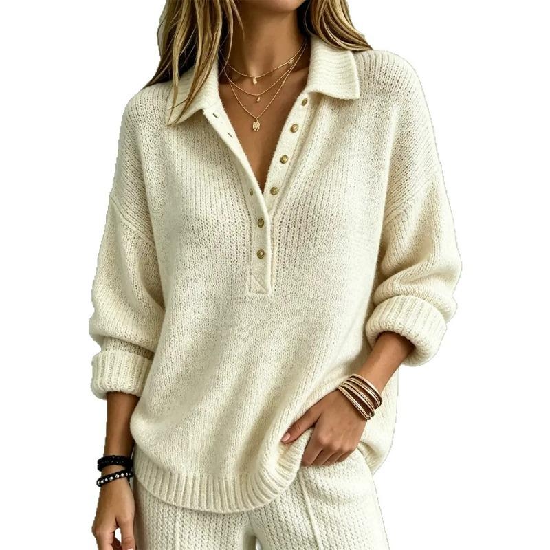 Women's Polo Collar Button Neck Knit Sweater Long Sleeve Loose Pullover Solid Color Casual Autumn Winter Top