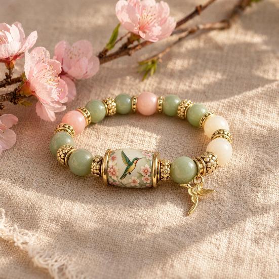 Bluebird Blessings Bracelet, Inspirational Hummingbird Strength Beaded Bracelet, Green Beads Cherry Blossoms Inspirational Jewelry for Women Spring