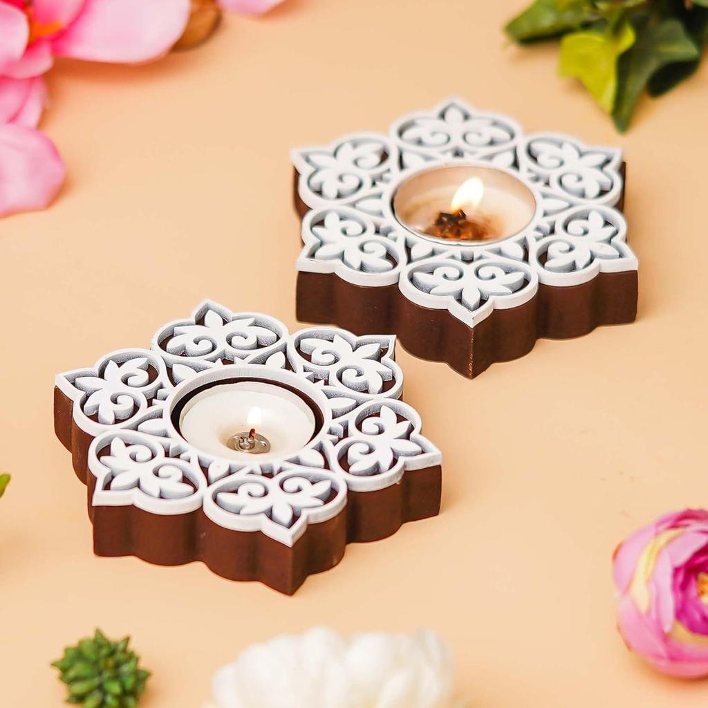 Set of 2 White Brown Wooden Floral Printing Block Decorative Tea Light Candle Holders, Diya Stands - Tea Light Holders - Christmas Diwali Decoration