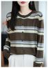 Autumn 2026 Women's Striped Wool Cardigan Sweater, Round Neck, Korean Style