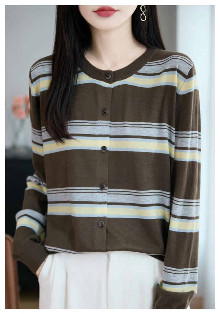 Autumn 2026 Women's Striped Wool Cardigan Sweater, Round Neck, Korean Style