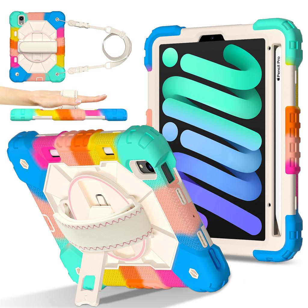 Heavy Duty Protective Cases for iPad Mini 6 A17 Pro Full Body Shockproof Protection Cover with Kickstand Hand Crossbody Lanyard