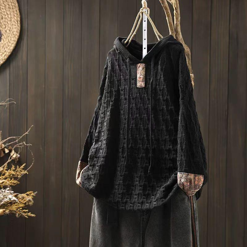 Johnature Woman Winter Drawstring Hooded Casual Long Sleeves Sweater Loose Vintage Style Color Blocking Sweater