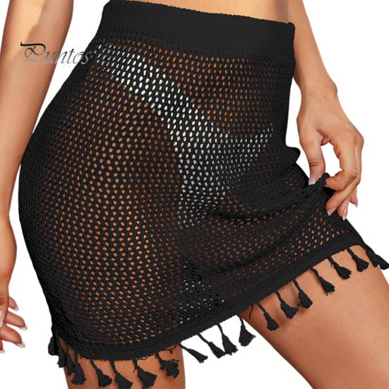 

Женская сексуальная вязаная крючком пляжная юбка-накидка с эластичной высокой талией и прозрачной сеткой быстросохнущая юбка бикини с бахромой XL чёрный