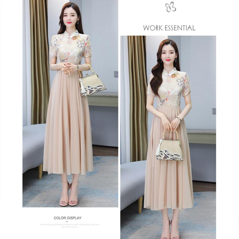 Women Chiffon Dress Chinese Style Printing Stand Collar Mid-length Retro Cheongsam Skirt