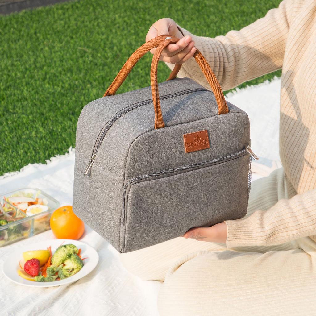 Borsa Tote Portatile Grigia Isolamento Fogli di Alluminio Ispessito Borsa Porta Pranzo per Lavoro in Ufficio Scuola Tessuto Oxford Borse Frigo da Picnic a Mano