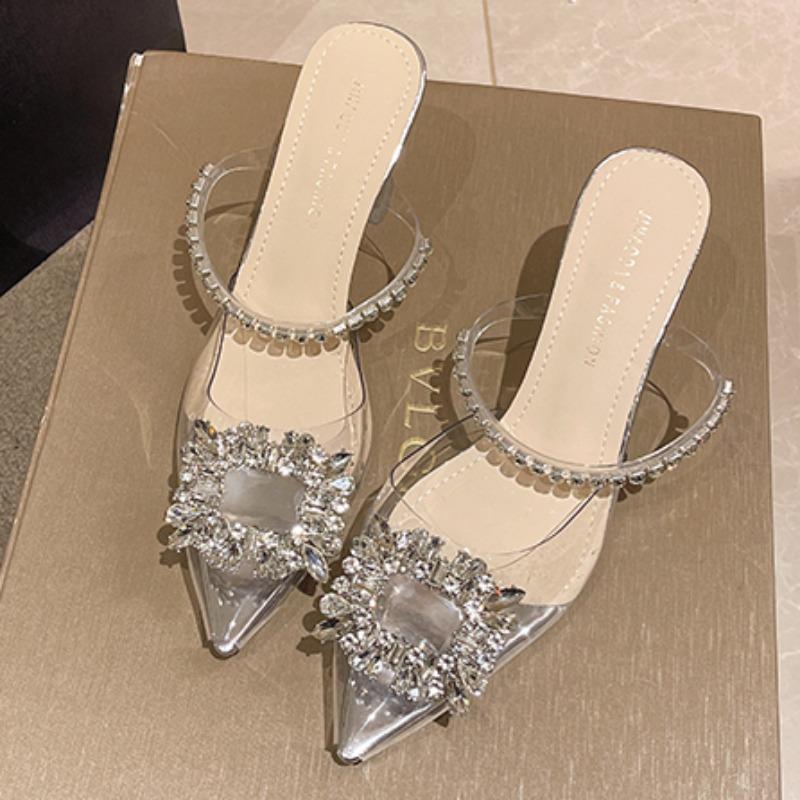 Mode Sommer Neue Slipper Spitz Zehenbereich Flacher Ausschnitt Kristallschnalle Transparenter Riemen Rutschfest Verschleißfest Hohe Absätze