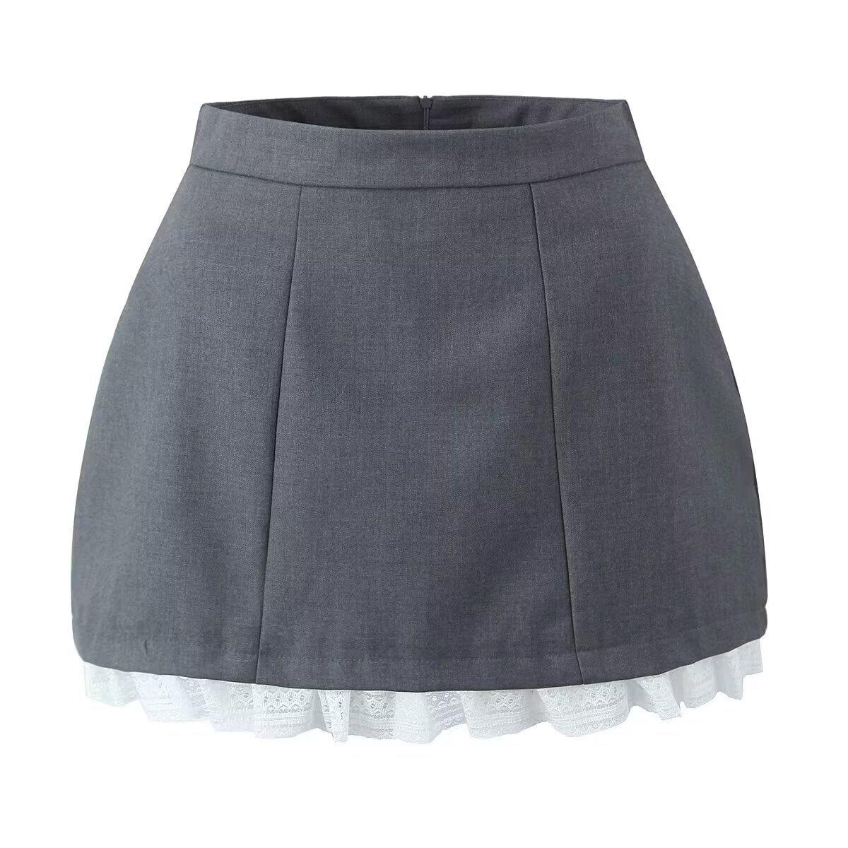 European and American style, new women s clothing, foreign style, versatile fashion, lace lace splicing bud skirt S серый