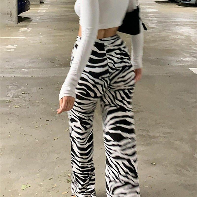 WannaThis Zebra Print Wide Leg Pants Trousers Sexy High Wais