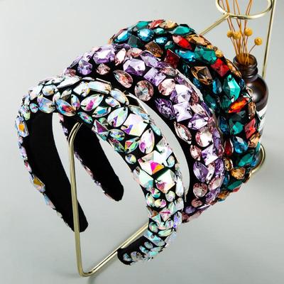 Women Baroque Gold Velvet Hair Band Color Full Crystal Handmade Headwear Wide Edge Headwear