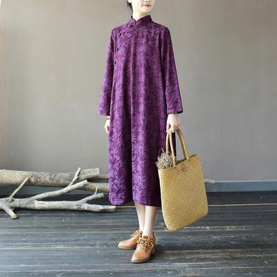 Kadın Çin Elbiseleri Jakarlı A-Line Cheongsam Uzun Kollu Düz Renk Sonbahar Düğme Elbiseler