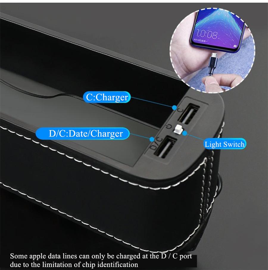 Left Side Car Seat Crevice Gap Storage Box Cup Holder 2 USB Colorful LED Light