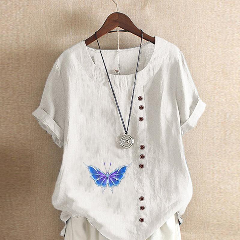 Damenmode Rundhals Kurzarm T-Shirt Lässiges Baumwollleinen Grafikhemd Freizeit Lose Schmetterling Bedruckte Sommerbluse Tops