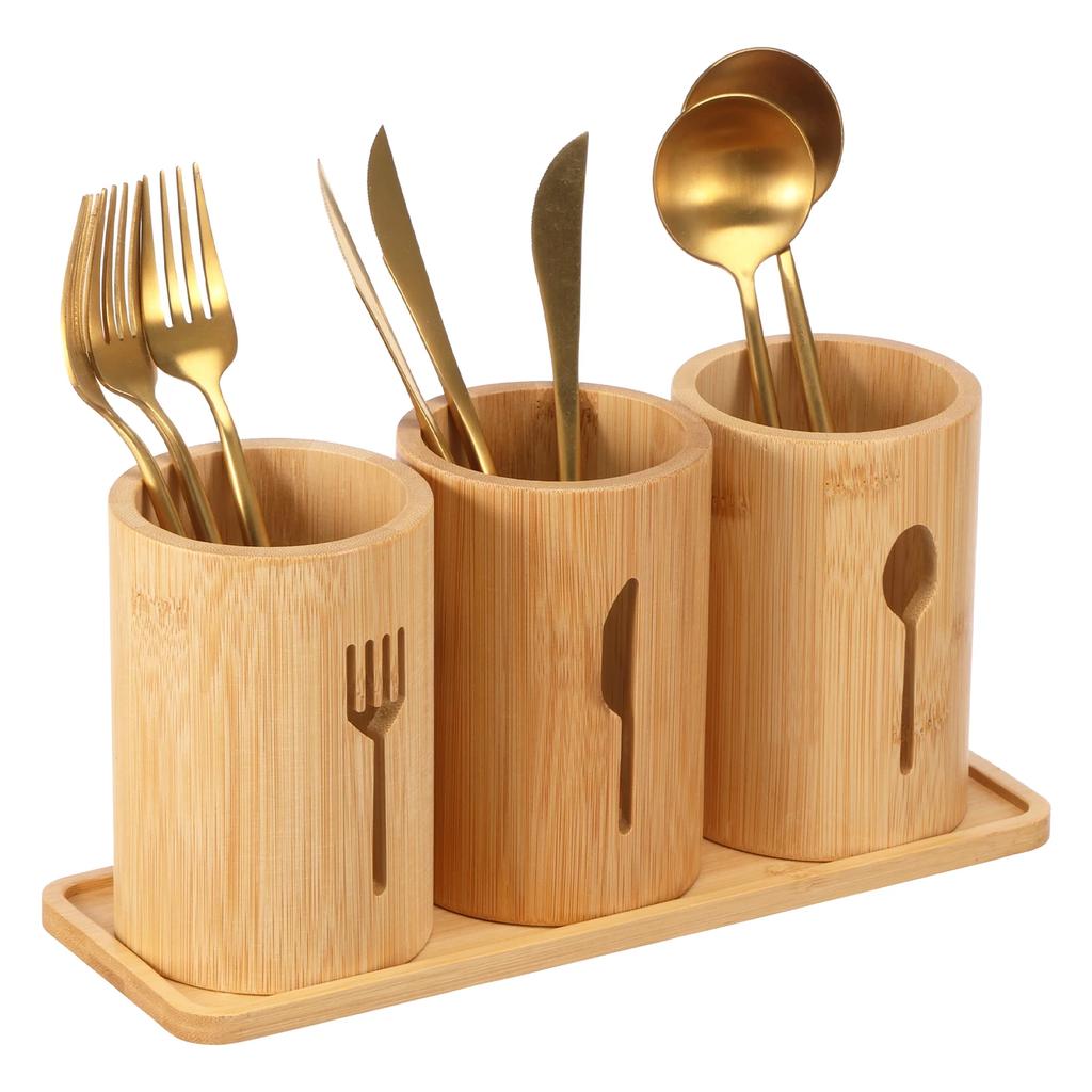 3 Pcs Bamboo Utensil Holder with Tray Cutlery Containers Drying Rack Kitchen Knife Spoon Fork Storage Tableware Organizer