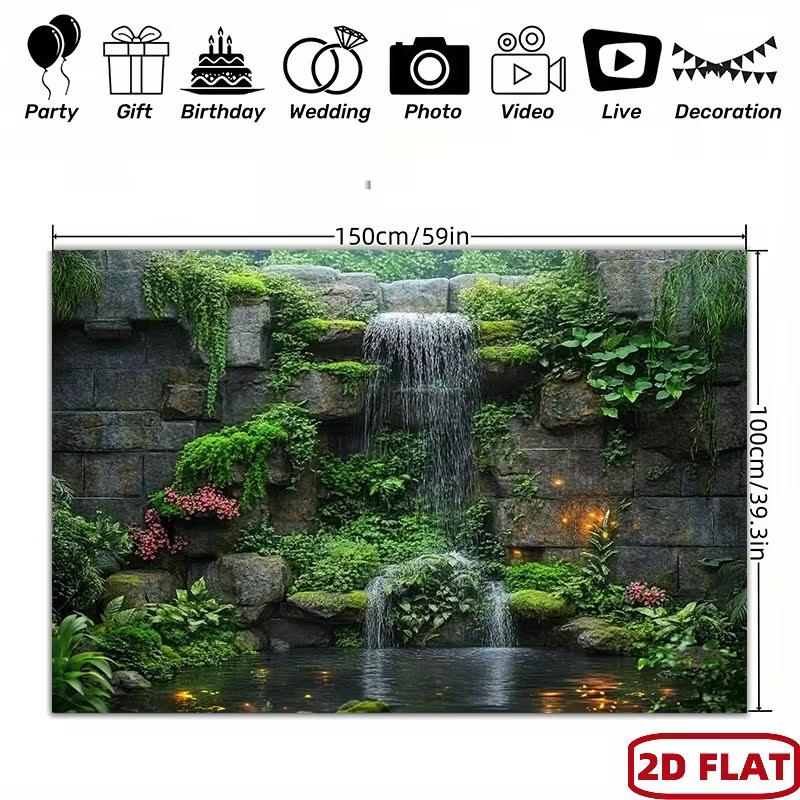Stone Waterfall Forest Tapestry, Moss & Greenery Background Cloth, Calming Nature Wall Decor