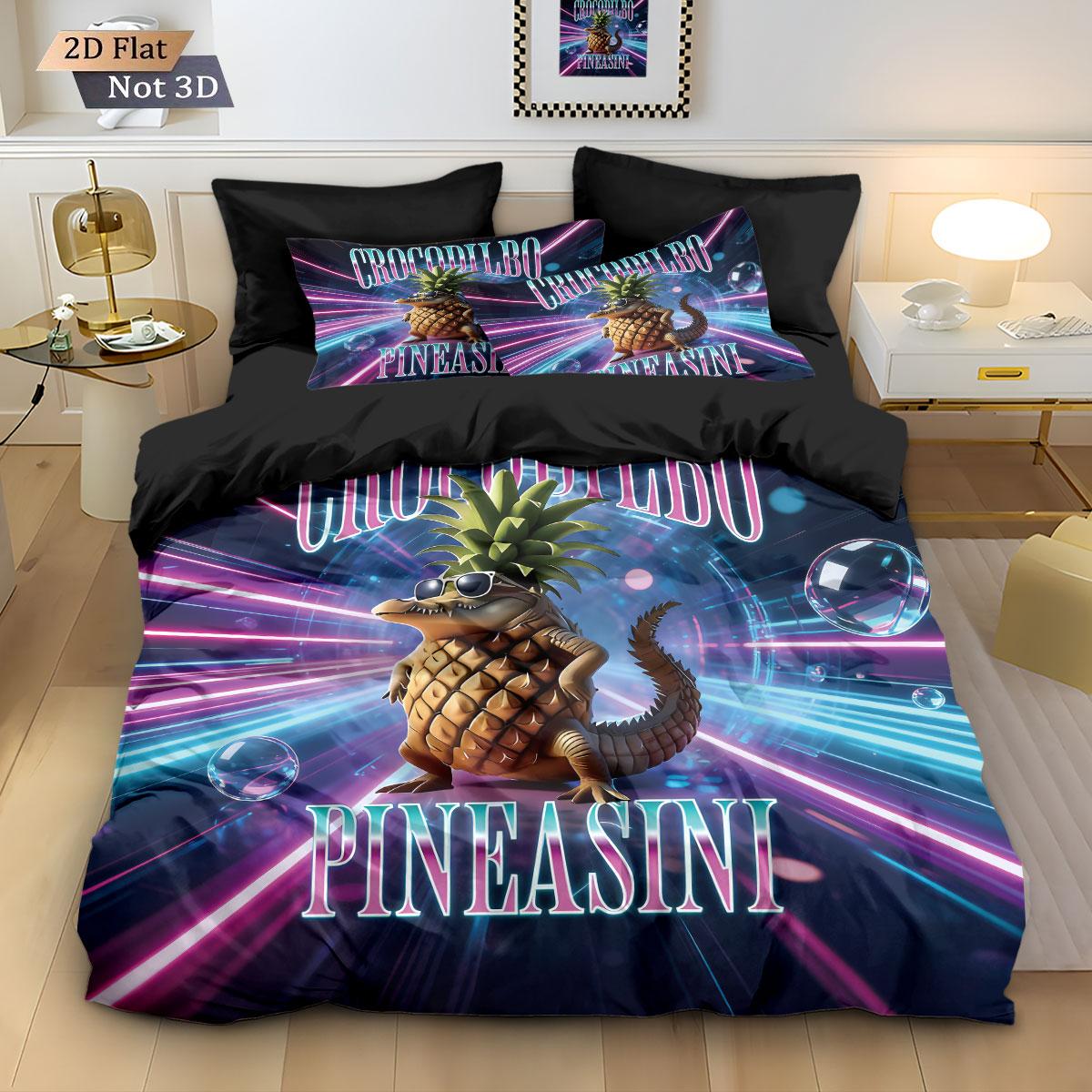 

3pcs Pineapple Crocodile Printed Chipless Bedding Set Multiple Sizes Bedroom Dormitory Soft and Comfortable, Machine Washable 135x200cm-EU-Single&set