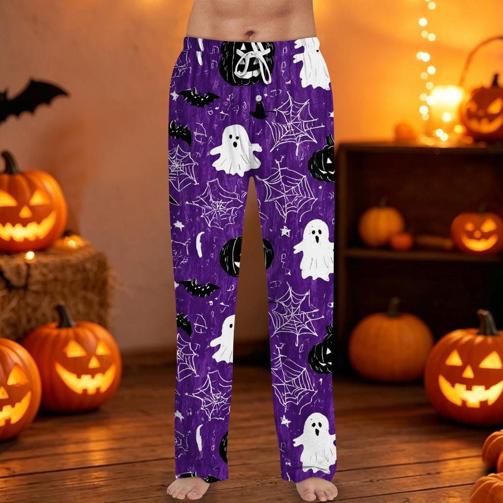 Men's Halloween Printed Drawstring Lounge Pants Casual Sleepwear Long Trousers with Adjustable Waistband and Button Fly