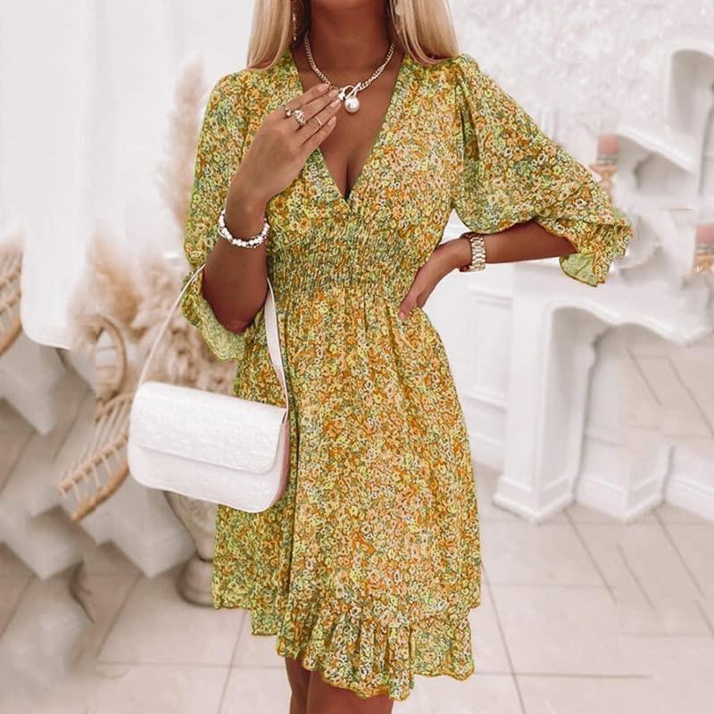 Women's Cute Floral Ruched V Neck Floating Sleeves Three-quarter Sleeve Sundress Casual Spring Summer Dress