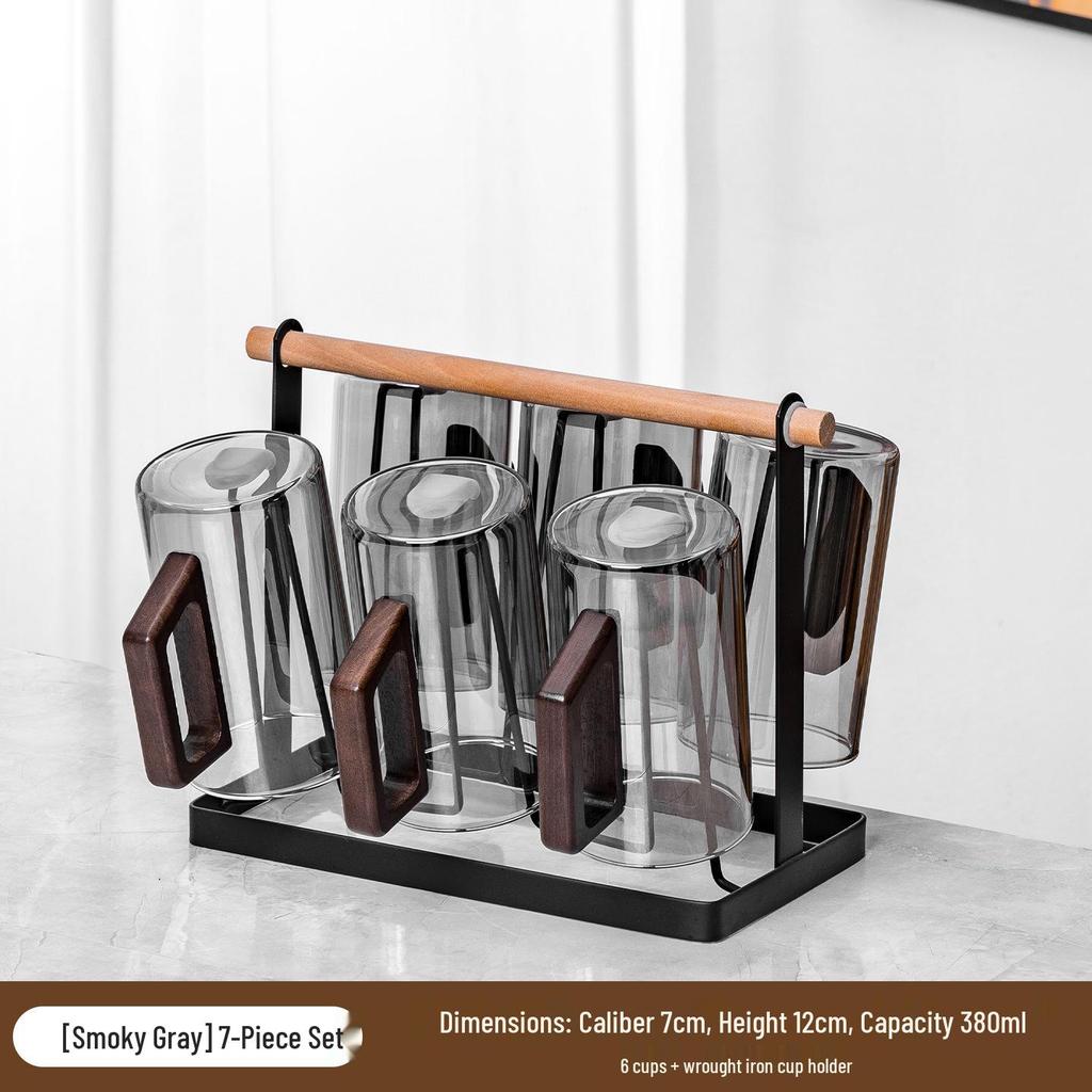 High-Temperature Resistant Tea Cup Set: Thickened Borosilicate Glass with Wooden Pistol Grip Handle