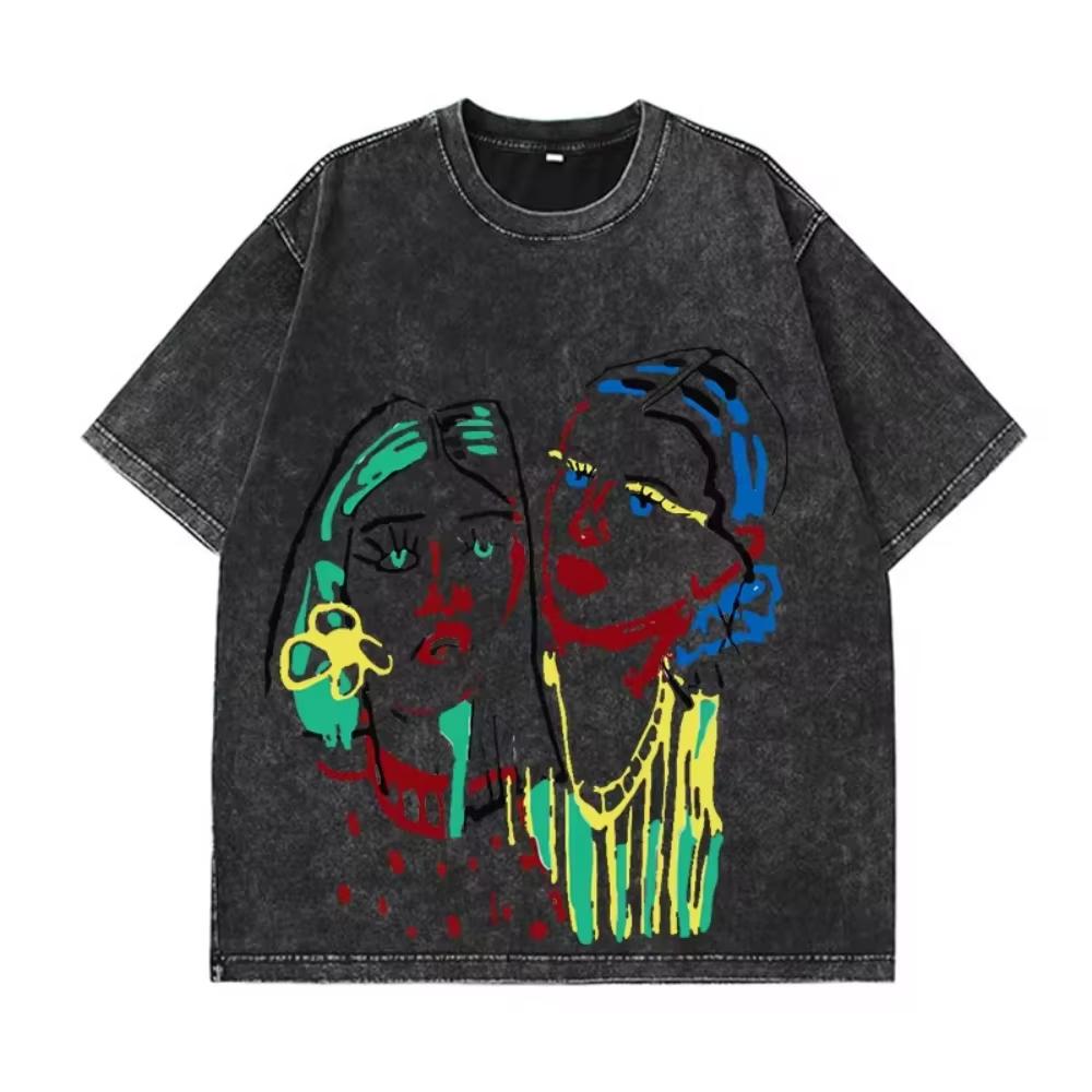 Hirsionsan Y2k Quality Oversized Washed T Shirt Women Men Vintage Print T-shirts Streetwear Wash Tee Girl Luxury Brand Tops