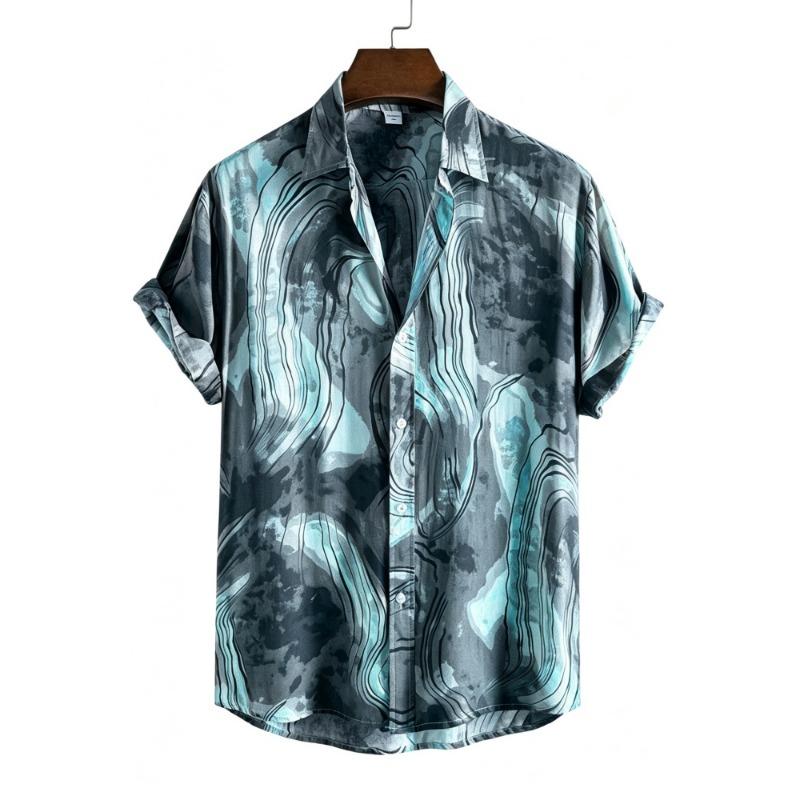 Men's Ink Marble Pattern Short Sleeve Shirt with Water Flow Texture Full Print Collar Button Beach Vacation Shirt
