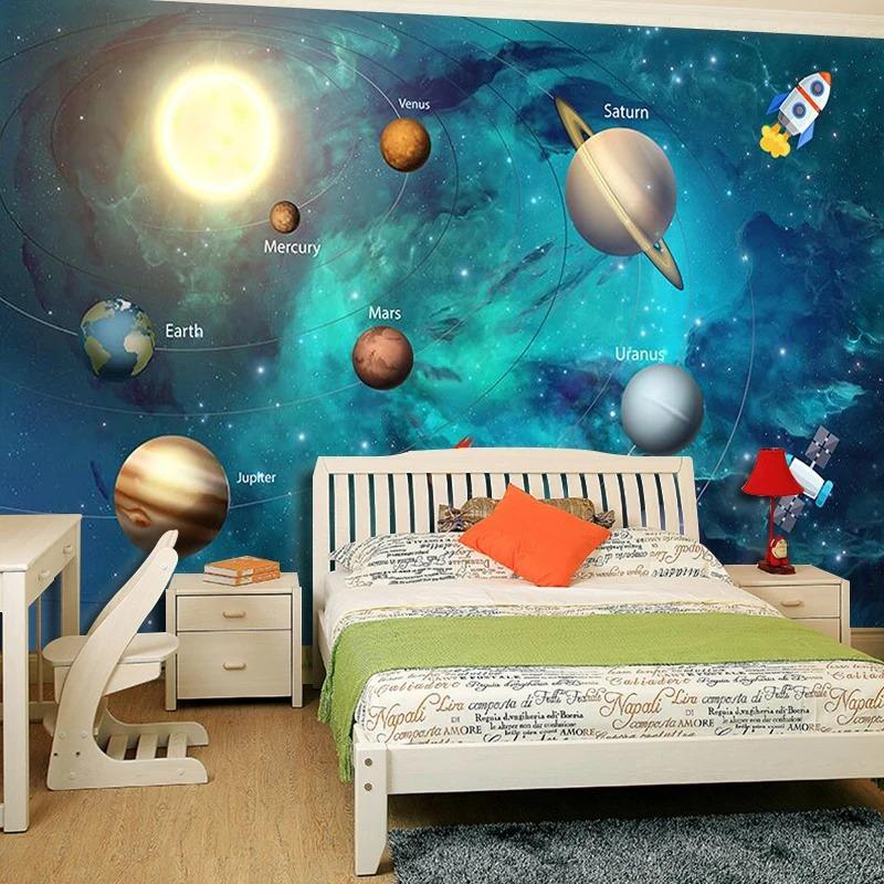 Weltraum Universum 3D Tapete Kinderzimmer Schlafzimmer Sternenhimmel Planet Tapete 3D Stereo Cartoon Wandbild 3D Fresko