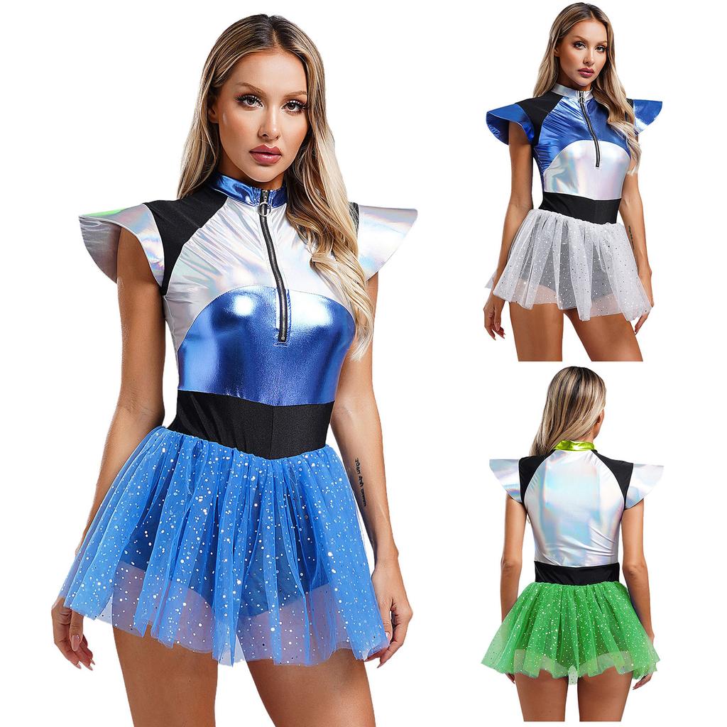 Dámský overal Space Cadet se zvonovými rukávy, zapínáním na zip vpředu, sešitou tylovou sukýnkou se sekviny a všitými šortkami, kostým astronauta