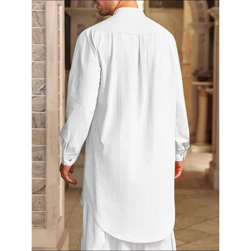 New-style plain-coloured cotton-linen button-down long-sleeved casual shirt for Muslim men