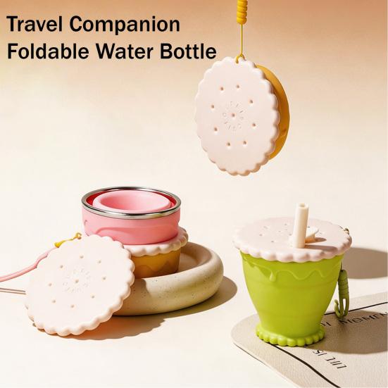 Collapsible Travel Cup with Lid Cookie Design Silicone Folding Cup Portable Reusable Drinking Cup for Camping Hiking Picnics
