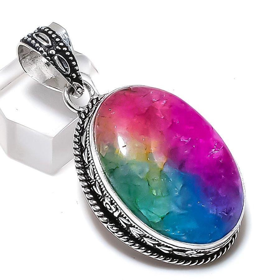 Natural Rainbow Solar Quartz Gemstone 925 Steling Silver Pendant 2.09" R1A20