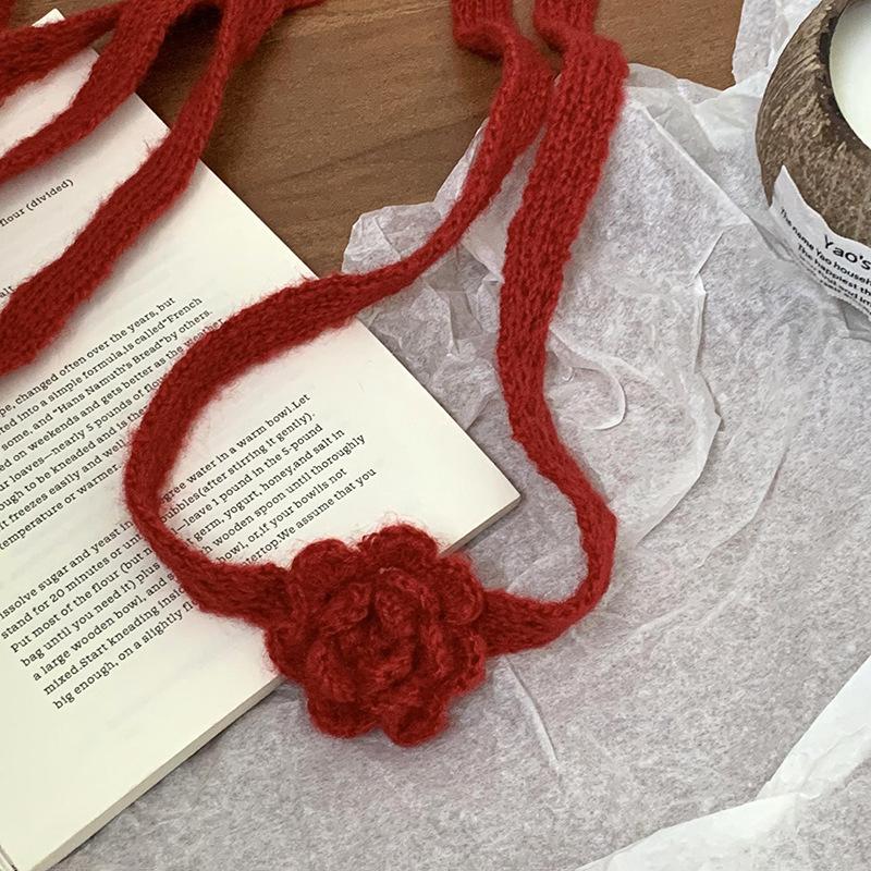 3D Rose Niche Handmade Crochet Scarf Thin Narrow Ribbon Spring Summer Fall Scarves Belt Decorative Accessories Choker Clothing