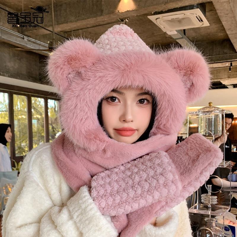 Cute hat winter plush integrated hat thickened warm ear protection versatile neck protection pullover hat women's fashion