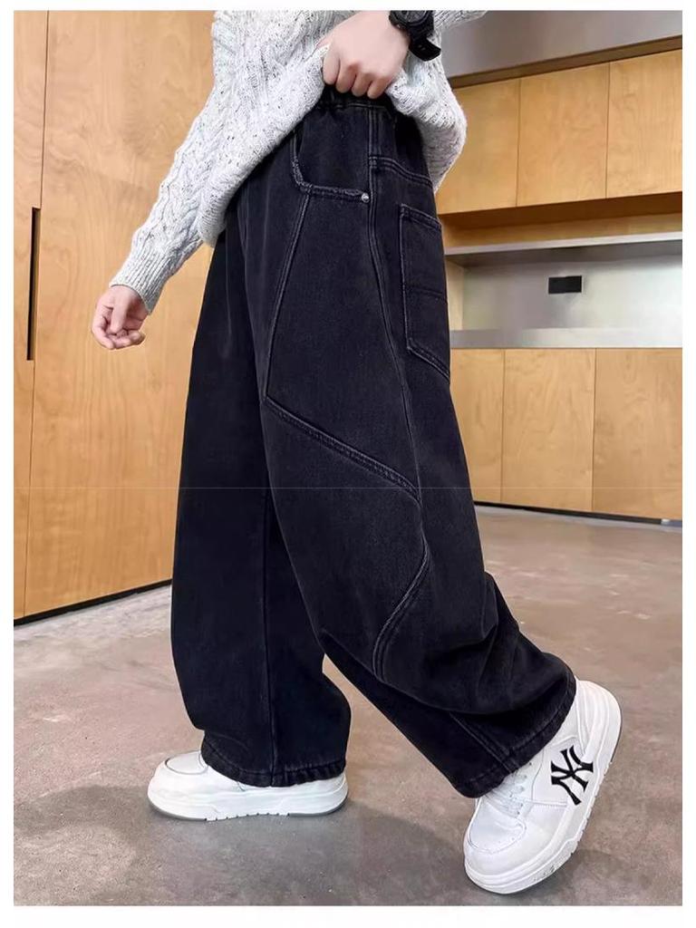 Boys' 2025 Loose Straight-Leg Jeans: Fashionable Campus Style, Junior High, Plus Velvet
