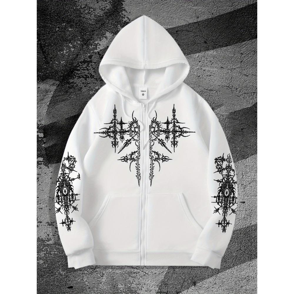 Herren Gothic Bedruckter Kapuzen-Trenchcoat Jacke, Lässiges Reißverschluss-Kapuzensweatshirt mit geometrischem Muster