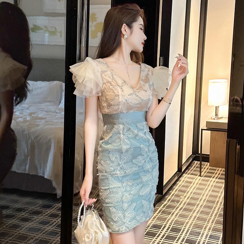 GMXIA Mini Fanny Pack Hip Skirt Summer Women's Goddess V-neck Slim-fit Sequin Dress