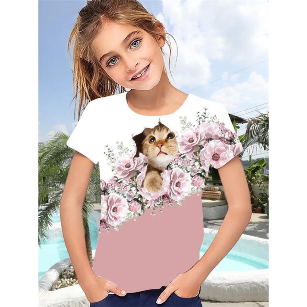 2025 Funny Animal Cat 3d Print Girls' T-Shirts Party Fashion Short Sleeved Tops Tee 2025 Casual T-Shirts Girls' Clothing