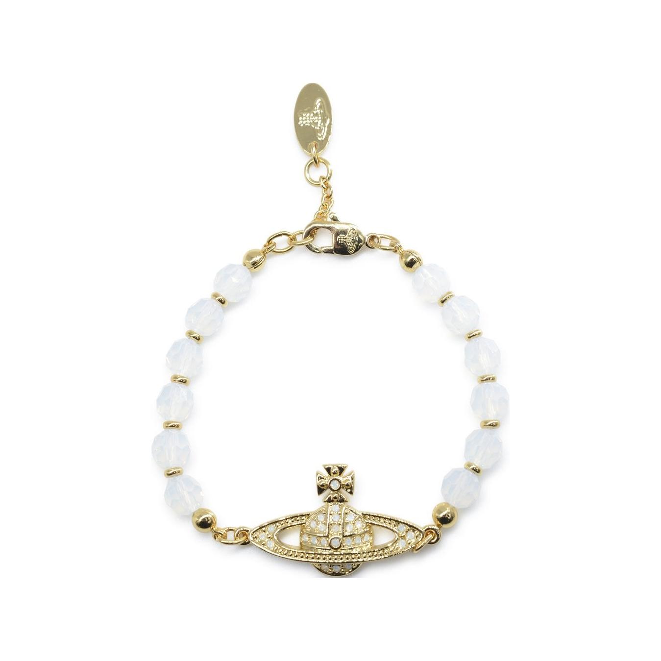 Vivienne Westwood Messaline Saturn Crystal Pendant White Agate Bead Brass Bracelet Unisex Bracelet Silver C61030075-02R821 F,White