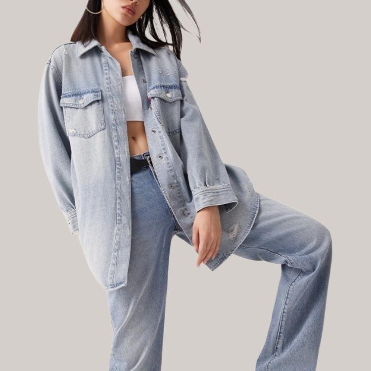 Levis Loose Ripped Simple Comfortable Denim Jacket Women Jackets Light-Blue 001CM-0000